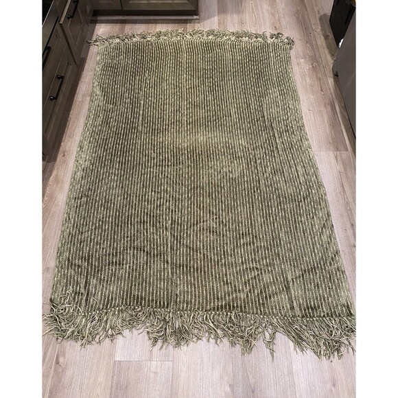 Restoration Hardware Throw Blanket Chenille Sage Green Ribbed Fringe 72x54 - Picture 1 of 7